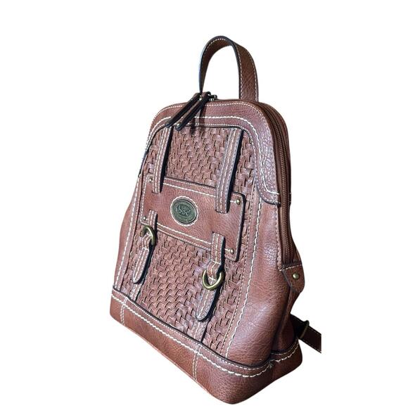 Born Concepts BOC Brown Faux Vegan Leather Woven Backpack Purse Travel 11\